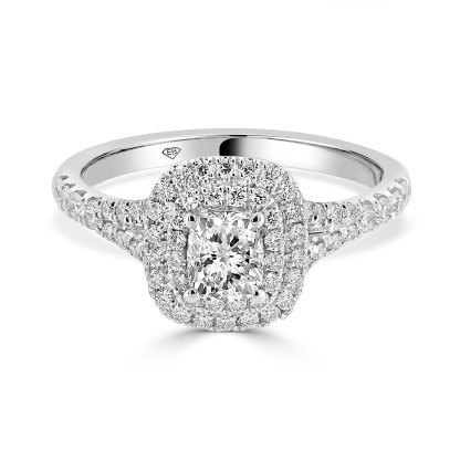 Cushion cut engagement ring with double halo