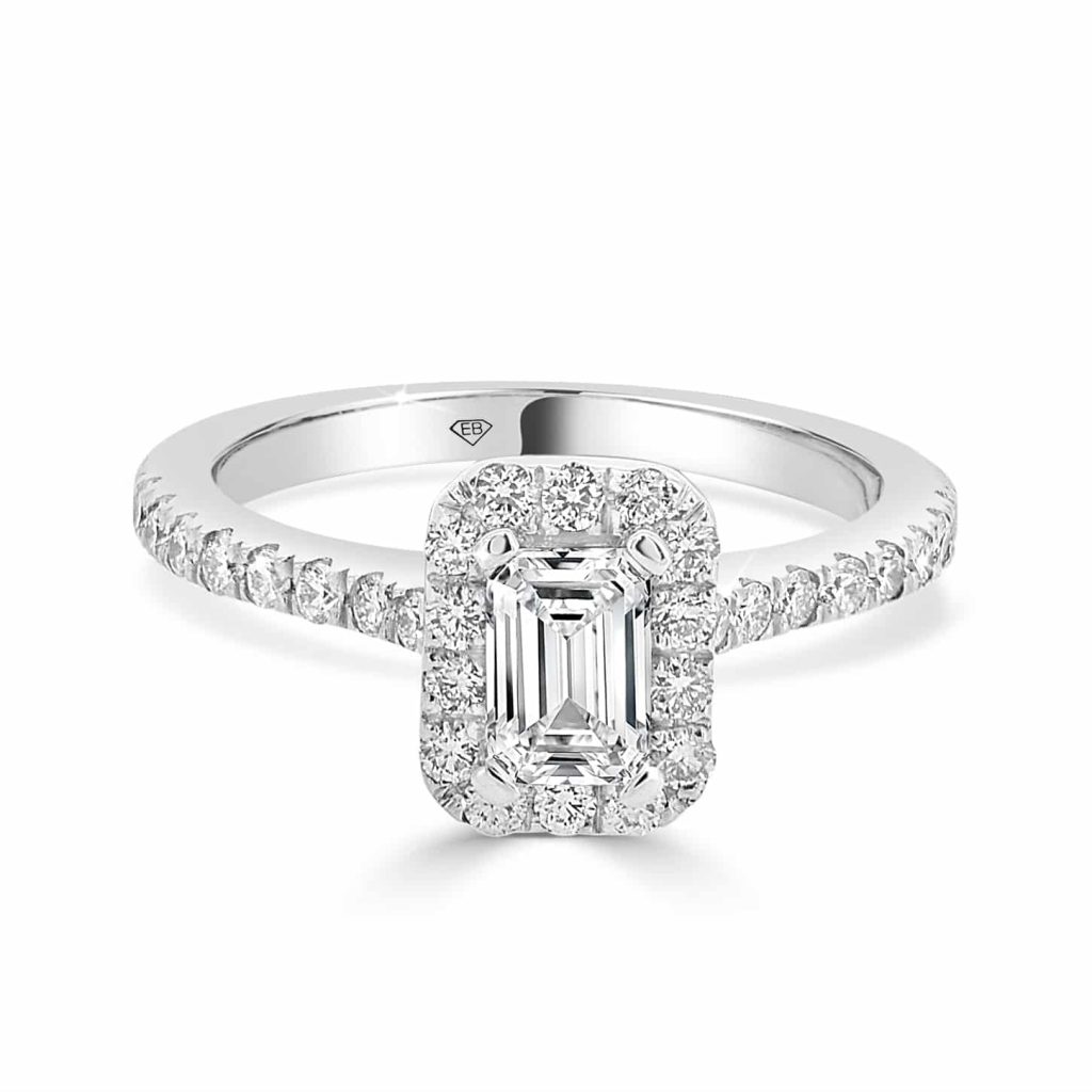 Emerald cut halo diamond engagement ring