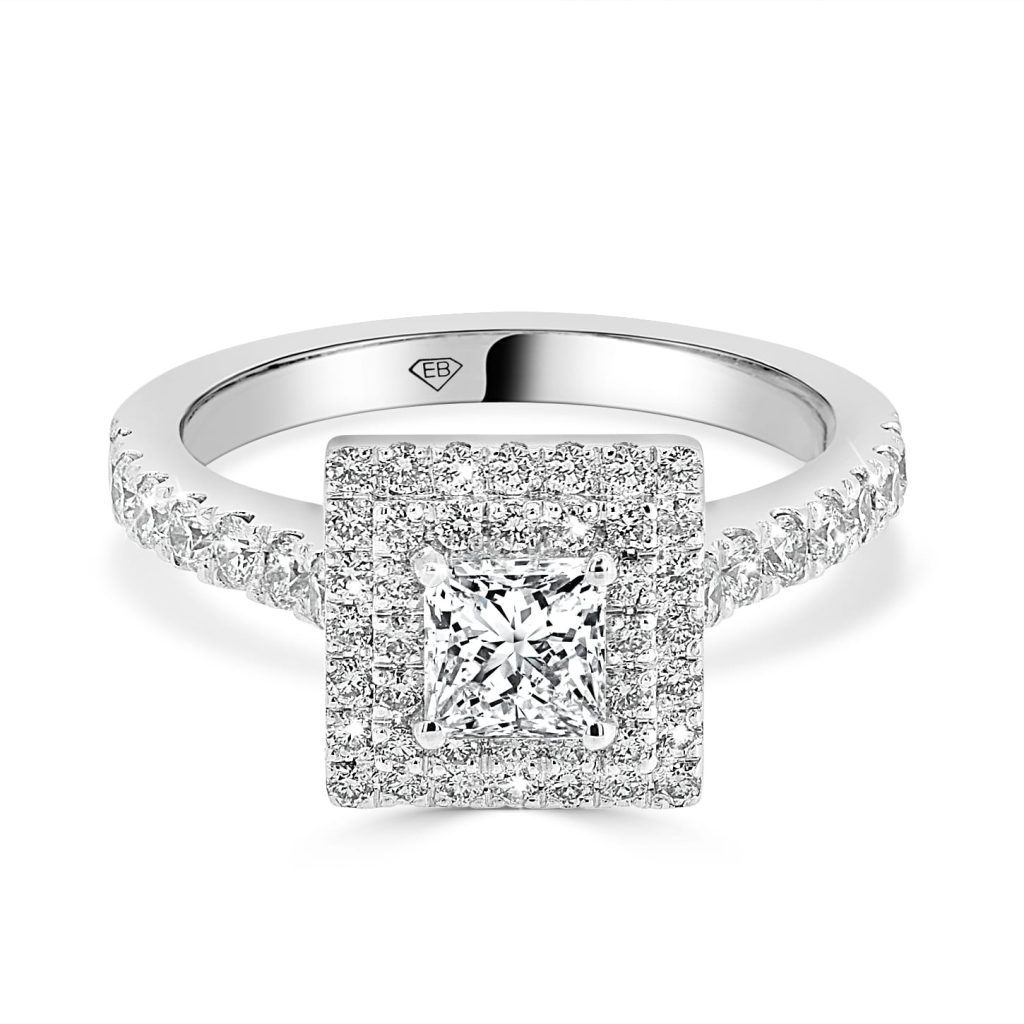Princess cut diamond ring with double halo