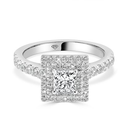 Princess cut diamond ring with double halo