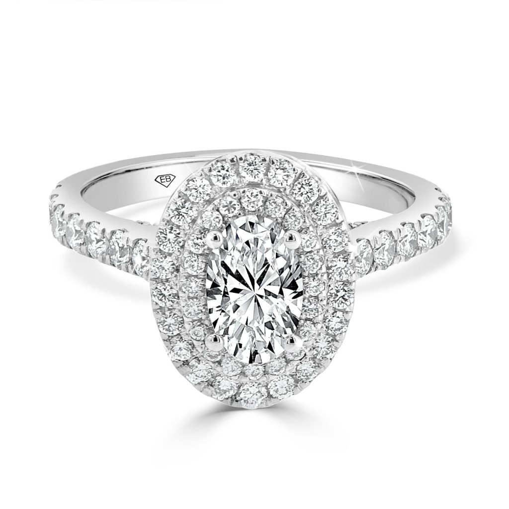 Oval cut double halo diamond ring
