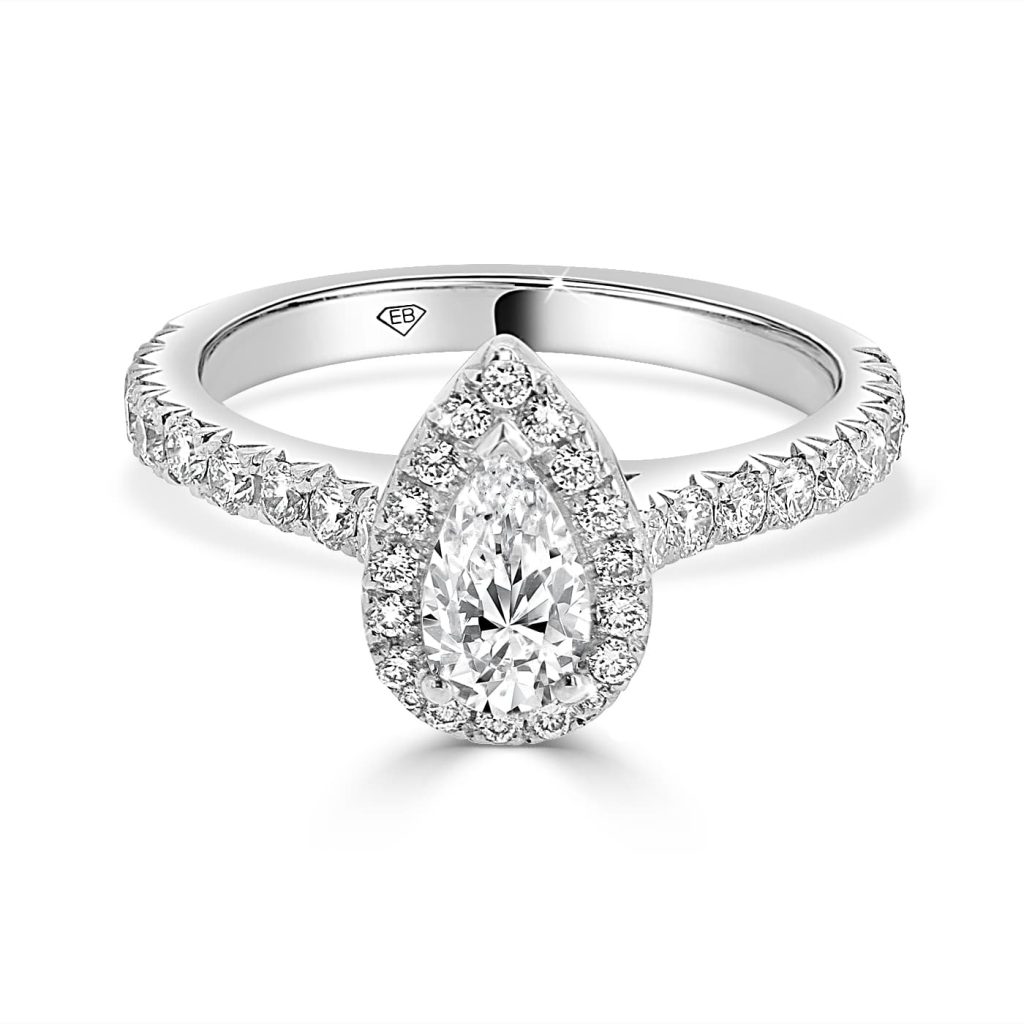Pear shape engagement ring featuring a 2.01ct diamond and pave band in 18ct white gold.
