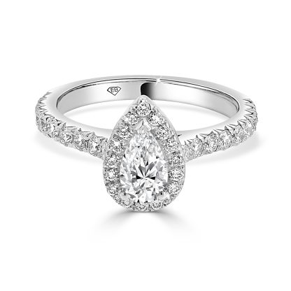 Pear shape engagement ring featuring a 2.01ct diamond and pave band in 18ct white gold.
