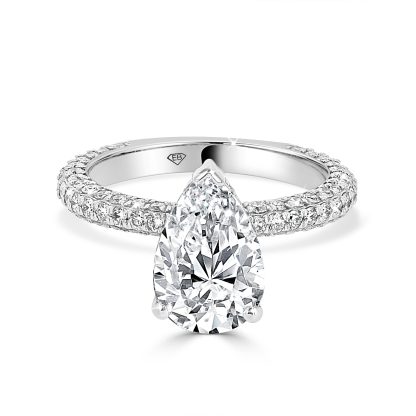 Pear shape engagement ring featuring a 2.01ct diamond and pave band in 18ct white gold.
