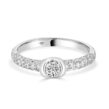Round brilliant diamond ring with diamonds on the band