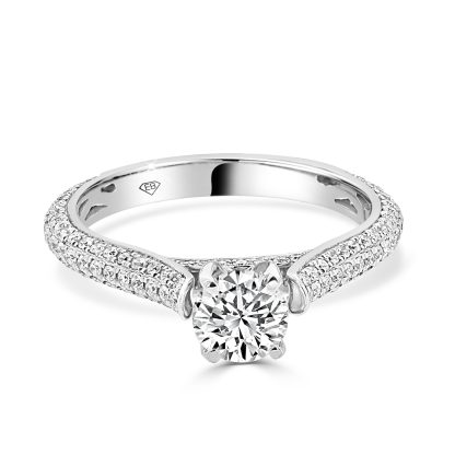 Engagement Ring with Round Brilliant Cut Diamond and Three Rows of Pavé Set Side Diamonds 0.60 Ct