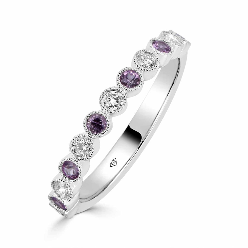 Diamond and pink sapphire wedding band in 18ct white gold with vintage-inspired bezel settings.