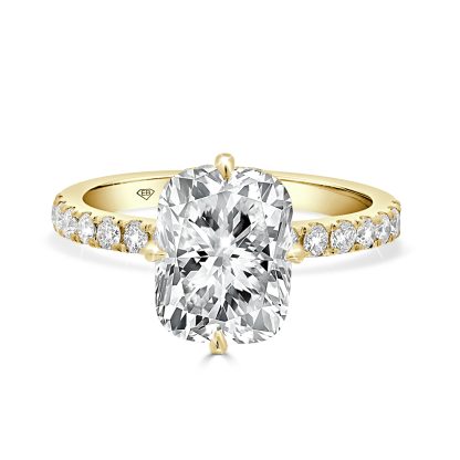 Cushion cut lab diamond engagement ring with 3.08 Ct centre stone and diamond-accented 18kt yellow gold band.