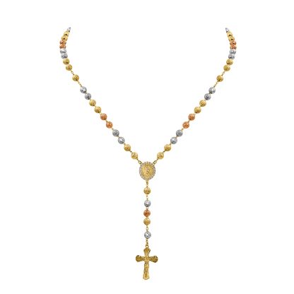9ct tri-colour gold rosary necklace featuring yellow, white, and rose gold beads, medallion, and cross pendant.