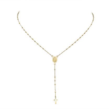 9ct yellow gold rosary necklace featuring bead accents, a sacred medallion, and a polished cross pendant.
