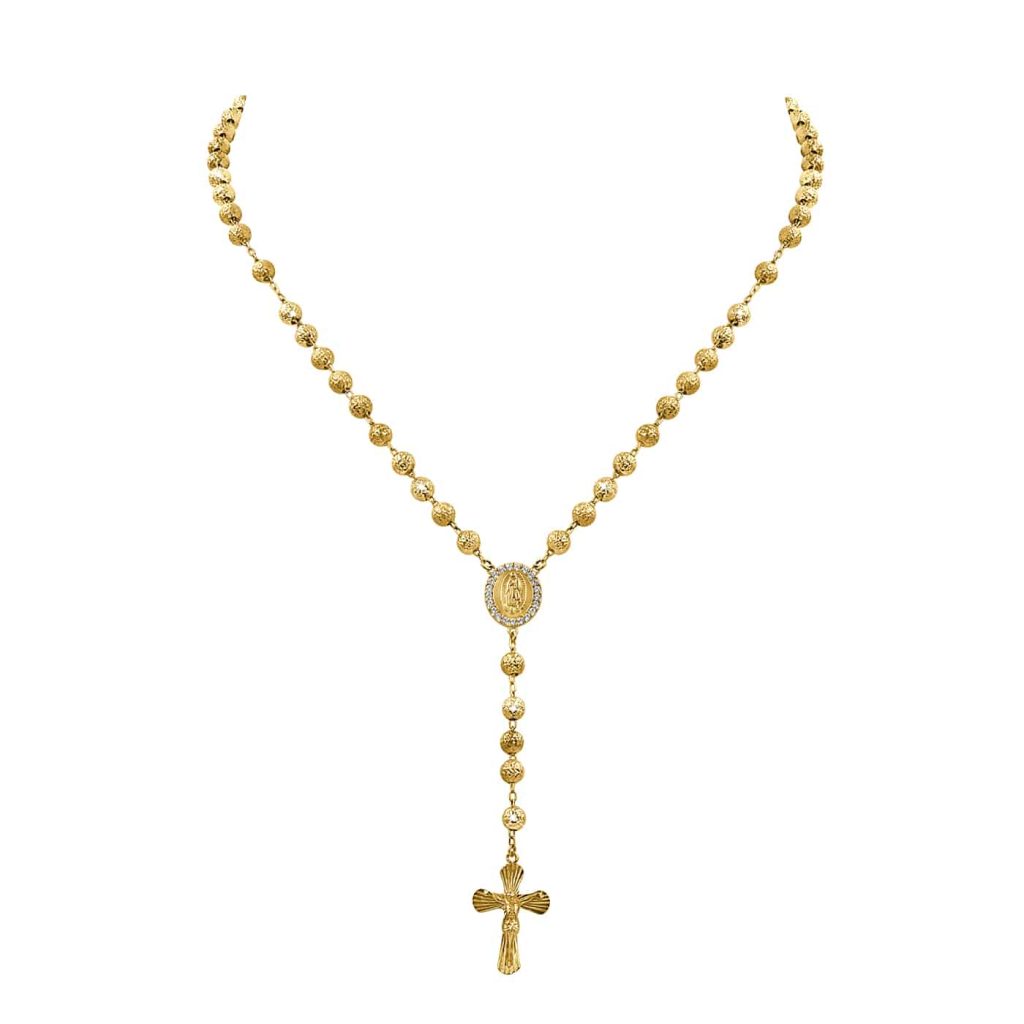 9ct yellow gold rosary necklace with gold beads, sacred medallion, and cross pendant.