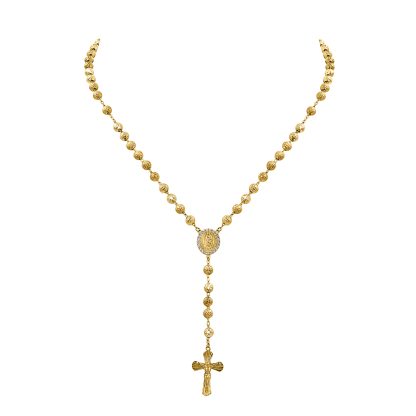 9ct yellow gold rosary necklace with gold beads, sacred medallion, and cross pendant.