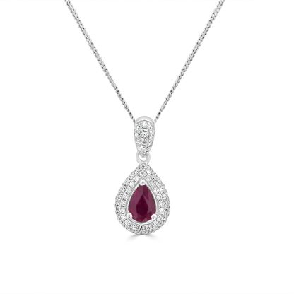 Pear Shaped Ruby pendant with diamond halo