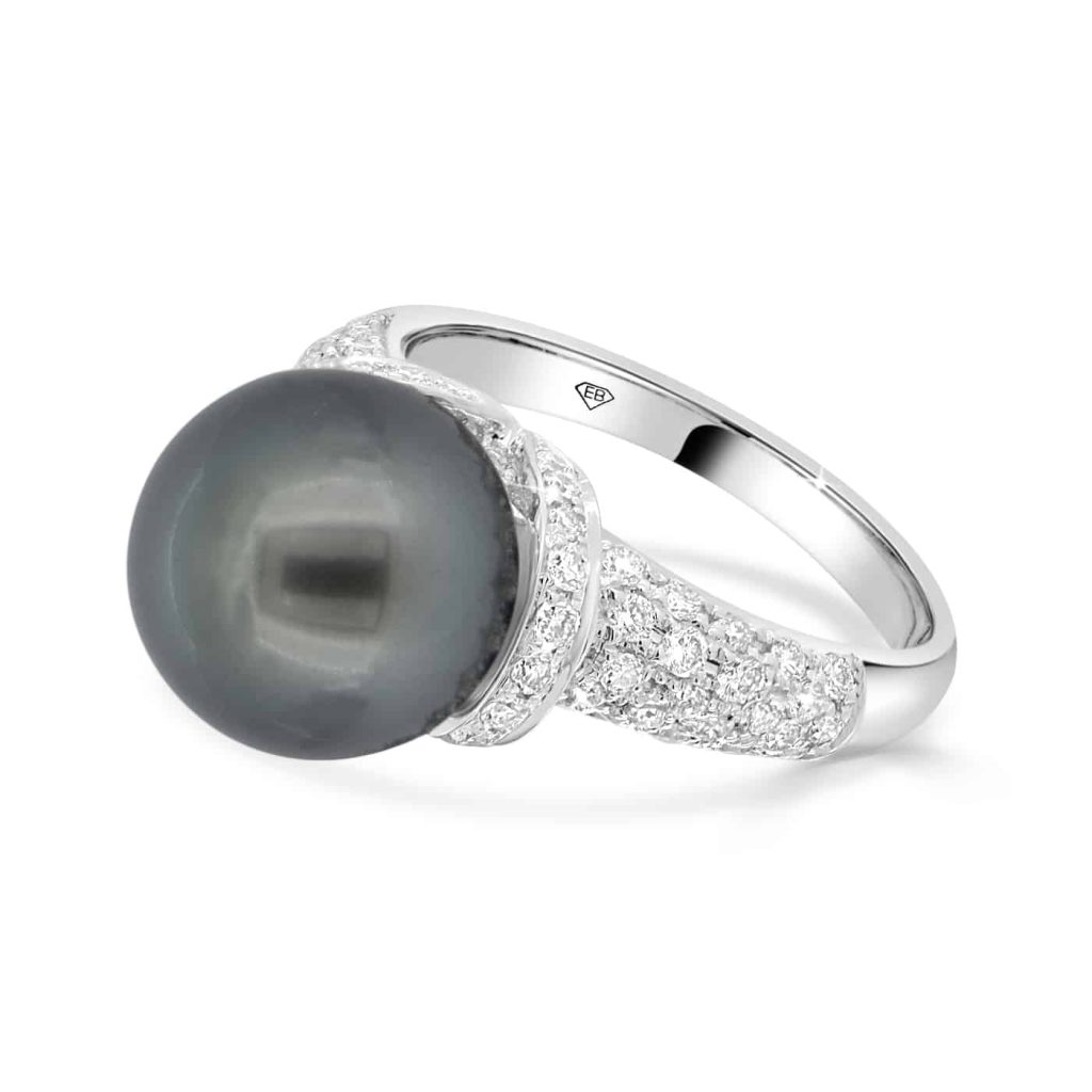 Tahitian pearl ring with diamonds in white gold