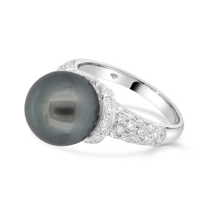 Tahitian pearl ring with diamonds in white gold