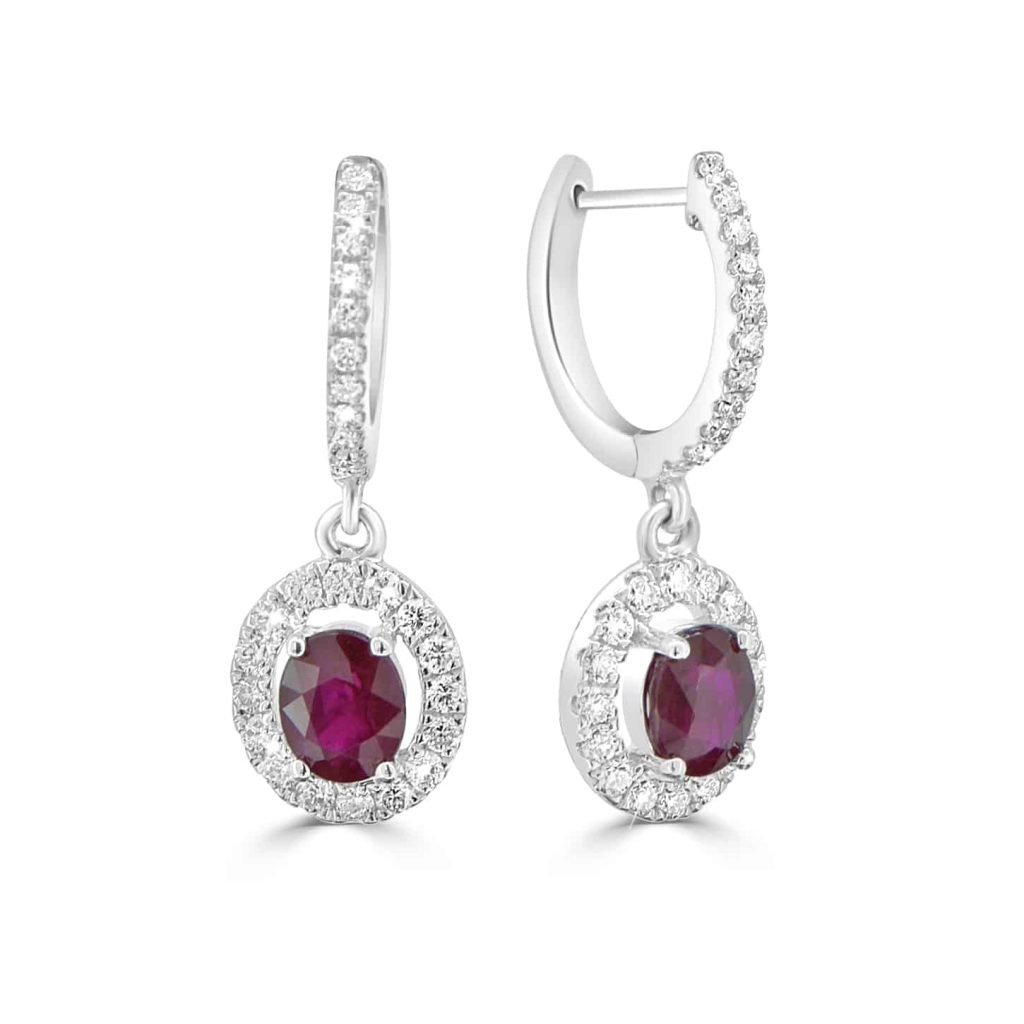 Oval ruby earrings with diamond halo