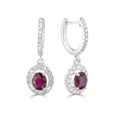 Oval ruby earrings with diamond halo