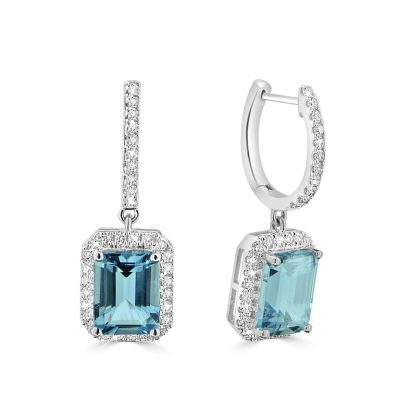 Emerald-cut aquamarine earrings with diamond halo