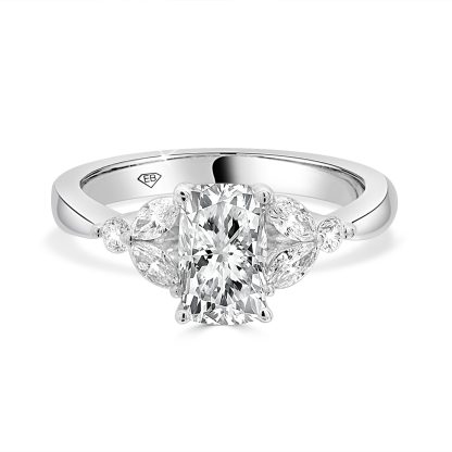 Elongated cushion cut engagement ring in white gold