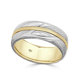 Two Tone Wedding Band Mens 18ct Sculpted Strength in GoldEngraved two tone gold men’s wedding ring