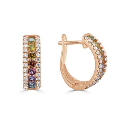 Rainbow sapphire hoop earrings with diamonds