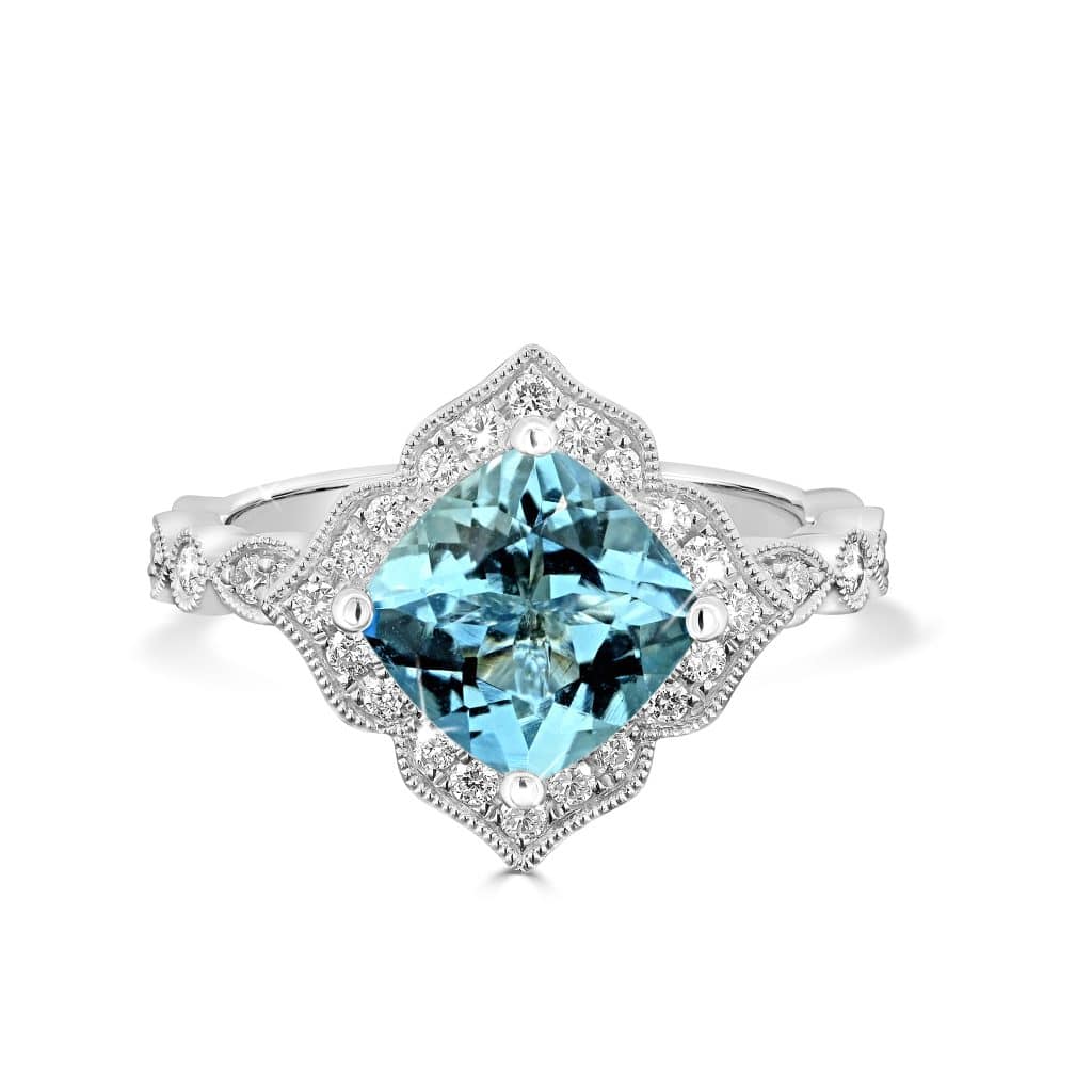 Aquamarine diamond halo ring with diamonds