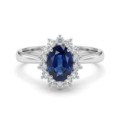 sapphire and halo diamonds engagement ring in 18 kt white gold