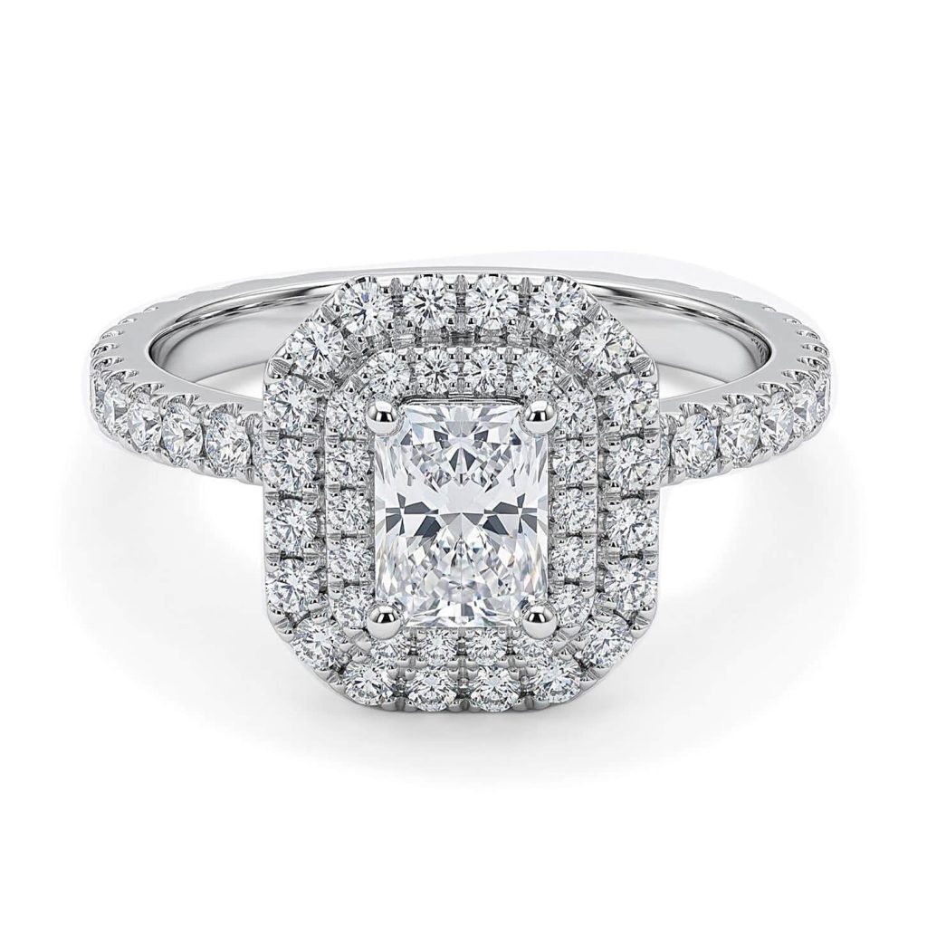 18 kt white gold double halo radiant cut engagement ring