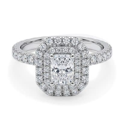 18 kt white gold double halo radiant cut engagement ring